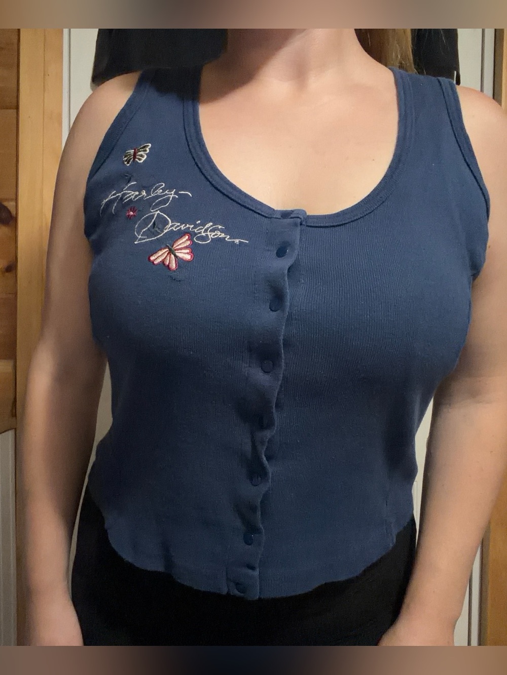Y2K Harley Davidson Blue Ribbed Button Up Tank with Butterfly Embroidery